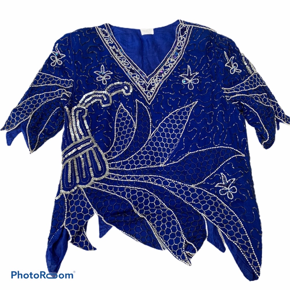 VTG Women’s Blue and Silver 80’s Silk Beaded and Sequined Blouse